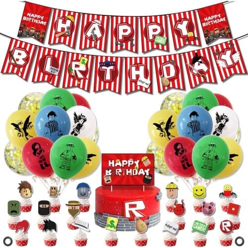 Roblox Happy Birthday Banner Cake Decoration Balloons Flag Toppers Sets Xbox Game Anime Party Background Supplies For Kids Boys