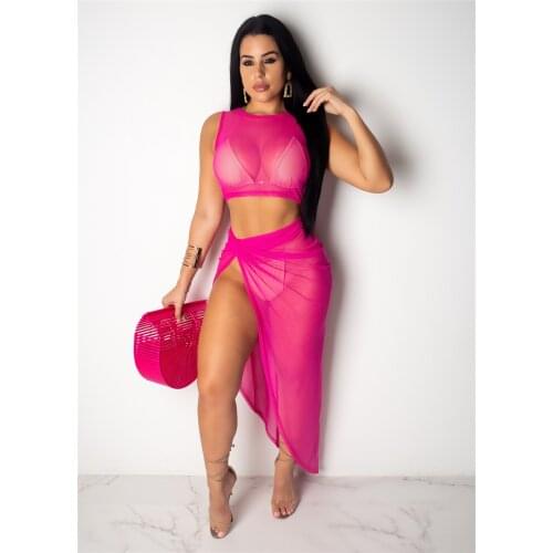 NEW 2020 Women Sexy Solid Mesh Sheer Bikini Cover-Ups Sleeveless Crop Tops High Waist Wrap Skirt 2Pcs Transparent Covers