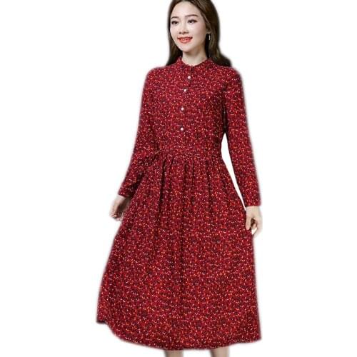 New Autumn Dress Women spring Long Sleeve elegant Dresses Loose Elastic Waist Stand Neck Floral Party Dress Female Dress OK118