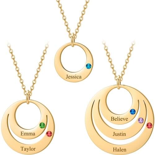 Personalized Birthstone Name Necklace Customized Engrave Round Necklace For Mom Stainless Steel Charm Jewelry Mothers Day Gifts