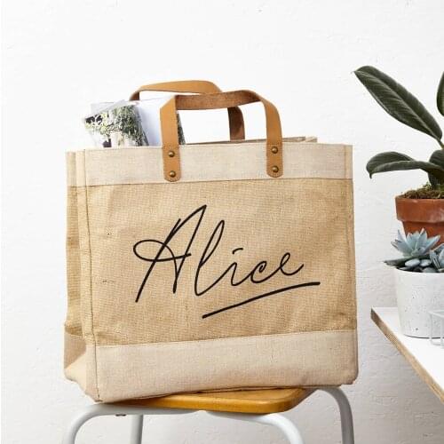 Personalised Monogrammed LOGO Print Shopper Bag Custom Name Text Leather Handles Bridesmaid Gift Jute Shoppers Market Tote Bags