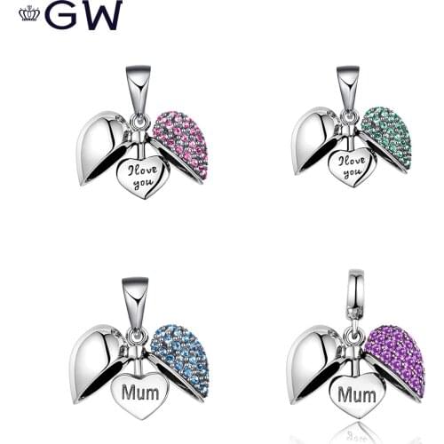 Sterling Silver Bead Charm Pendant I Love You Heart Crystal Charm fit Bracelet & Necklaces Mom