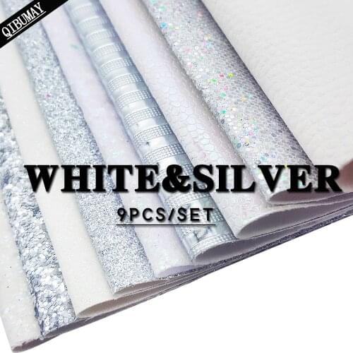 QIBU 9pcs 22*30cm Faux Leather Fabric White&Silver Chunky Glitter PU Leather Handmade Bags Earring Decoration DIY Bow Materials