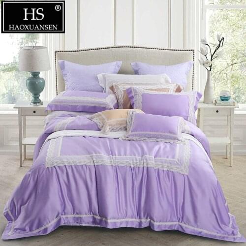 Purple Lace Design 4 Piece Bedding Sets Luxury Organic Natural 100% Tencel Lyocell Princess Style Bedclothes Queen King Size