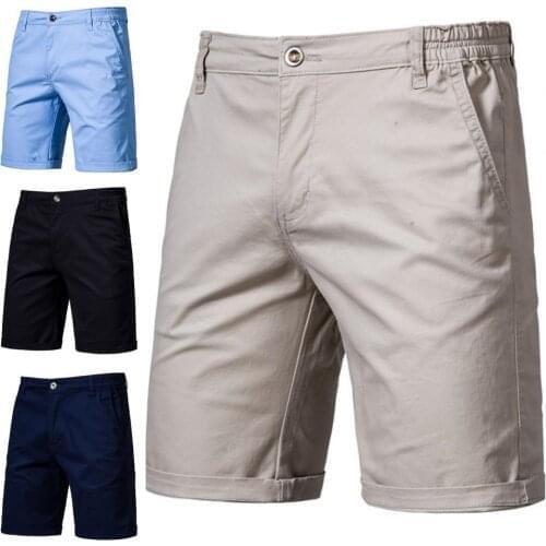 Men Elastic Waist Shorts Solid Color All-match Mid Waist Straight Business Shorts Pants