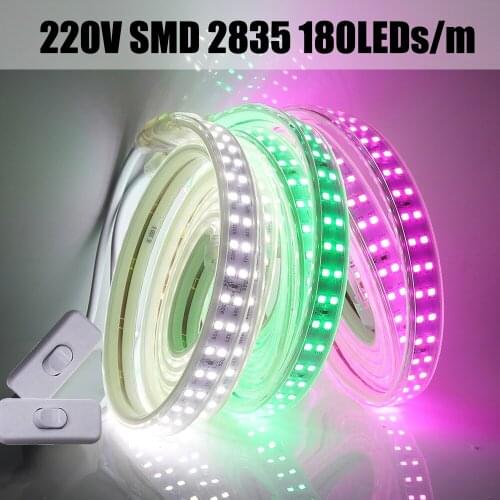 Led Strip With Switch Power Plug 220V 2835SMD Waterproof Led Tape 180Leds/m Double Row Led Strip Light Flexible Home Decoration