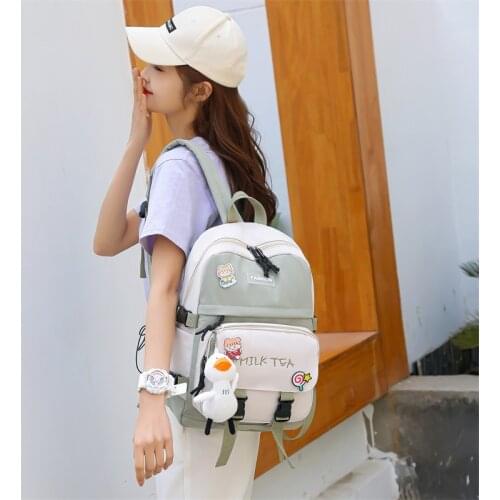 Japanese Cute Badge Pin Fashion Womens Backpack Contrast Color Letter Print Schoolbag for Girls Large Capacity Travel Backpacks