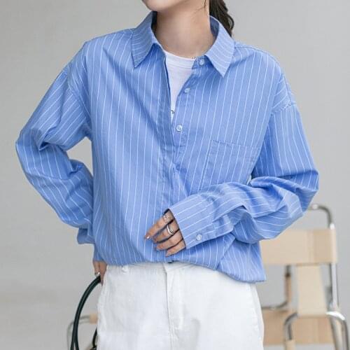 Blouse Women Casual Blue Striped Top Shirts Blouses Female Loose Blusas Autumn Fall Casual Ladies Office Long Sleeve Blouses