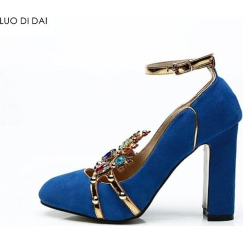 2020 autumn women suede leather pumps party shoes diamond stud pumps dress shoes chunky heel beading pumps crystal wedding shoes