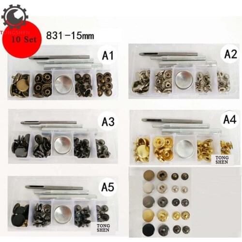 15mm 10Set Metal Brass Snap Fastener Press Stud Rivet Sewing Leather Button Craft For Clothes Garment With 4pcs Fixing Tools 831