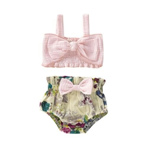 0-24M Cute Newborn Baby Girls Clothes Bow Vest Tops+Floral Shorts 2PCS Outfits Summer