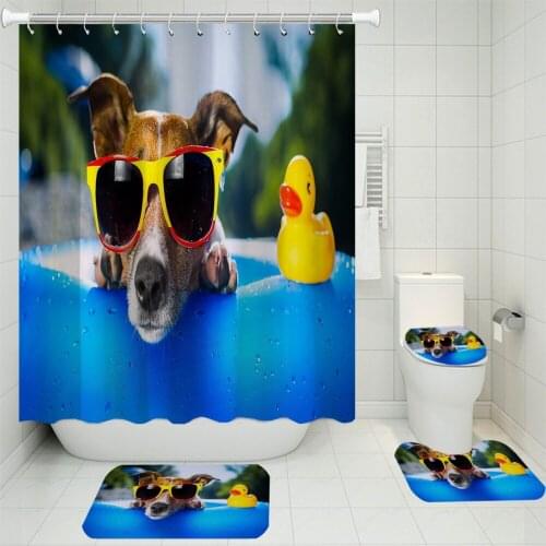4 Pcs Pug Pet Dogs Shower Curtain Pedestal Rug Lid Toilet Cover Mat Cute Animals Bath Mat Set For Kids Bathroom Sets Decor