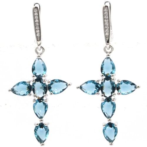 63x34mm Dazzling Long Big 26g Created Pink Tourmaline White CZ Ladies Party Silver Earrings