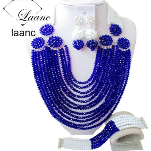 African Fashion Beads Wedding Jewelry Sets Royal Blue and White Crystal AL113