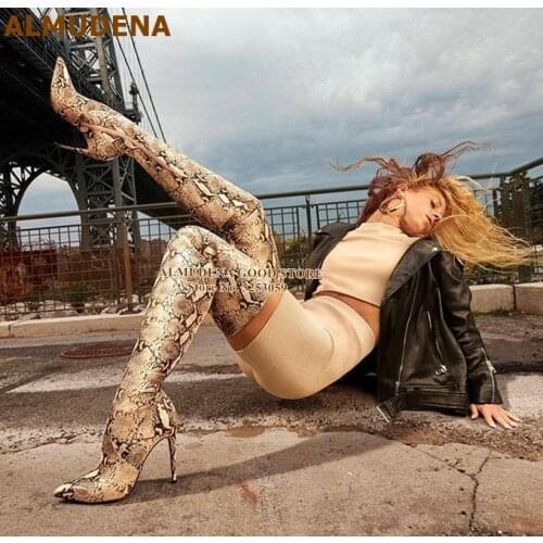 ALMUDENA Stiletto Heels Snakeskin Thigh High Boots Pointy Toe Dress Shoes Nightclub Python Printed Tall Boots Plus Size Boots