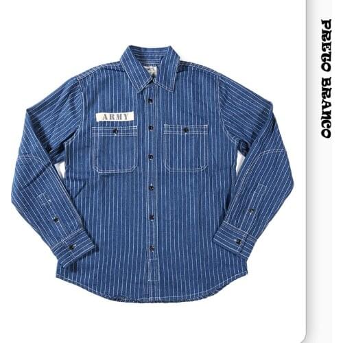 PRETO BRANCO American Retro Railway Vertical Stripe Overalls Work Shirt Male Denim Long-sleeved Shirt OQR