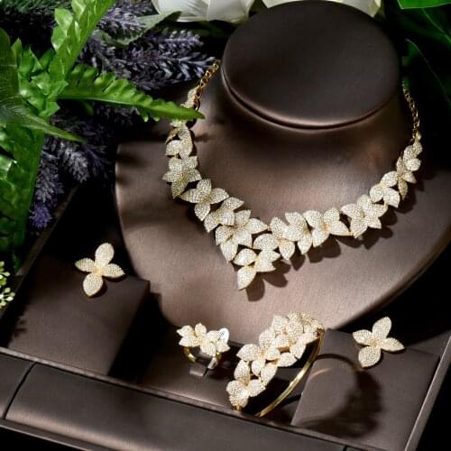 HIBRIDE Leaf Charms 4Pcs Luxury Nigerian Jewelry Set For Women Wedding Cubic Zircon Dubai Bridal Necklace Earring Set N-1777