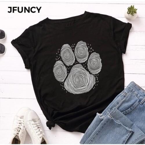 JFUNCY 2020 Summer Women T Shirt Plus Size Female T-shirts Short Sleeve Cotton Tshirt Dog Fingerprint Print Lady Casual Tee Tops