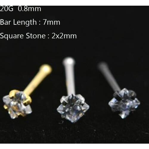 2 Pieces 20G 0.8mm Stainless Steel Gold Square Zircon Nose Stud Ring Studs Rings Tragus Earring Body Piercing Jewelry