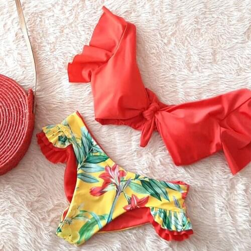 2021 New Two-Pieces Women Floral Push-up Padded Bra Ruffles Bandage Bikini Set Swimsuit Swimwear Bathing Suit Beachwear Biquini