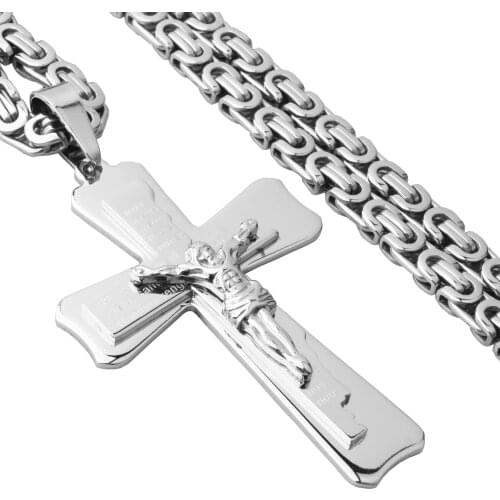 Silver Color Stainless Steel Jesus Cross Pendant With Byzantine Chain Mens Crucifix Necklaces Male Religious Jewelry