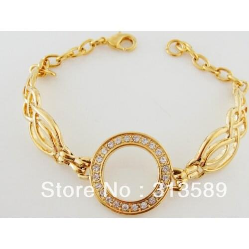 LADY 7.9" YELLOW GOLD GP OVERLAY FILL BRASS CIRCLE CZ STONE LINKS BRACELET/GREAT GIFT