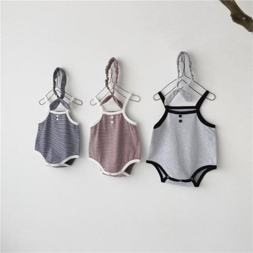 Infant Baby Boy Girl Casual Rompers Summer Newborn Sleeveless Sling One-Pieces Toddler Striped Clothes With Headband 2Pcs 0-2Y