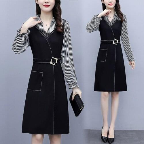 Fashion Stripe Patchwork Autumn Dress Long Sleeve Business Office Ladies Work Wear Loose Slim Casual Blouses Blusa Dress Clothes