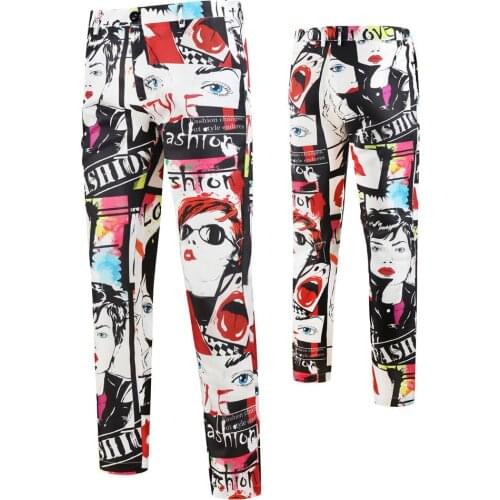 New Tide Mens Fashion Hip Hop Vintage Beauty Floral Print Suit Trousers Mens Casual Pants Singer Stage Straight Trousers