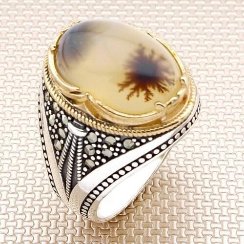 Oval Yemen Agate Stone Silver Ring Vintage Men Silver Ring Bronz Color Big Heavy Silver Ring Solid 925 Sterling Silver