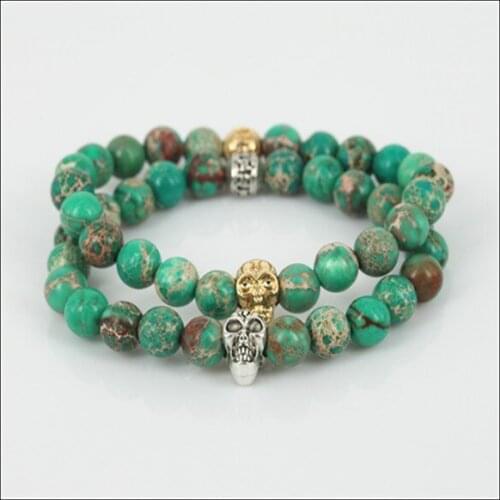 Beaded color skull head men charm stretch bracelet natural 8mm mix color regalite round gem stone beads women bracelet