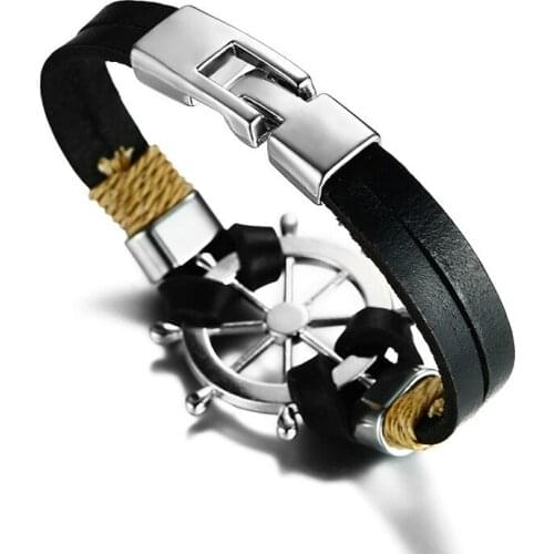 Modyle 2021 New Fashion Rudder Men Bracelet Bangle Double Layer Leather Classic Vintage Daily Sport Sailing Jewelry