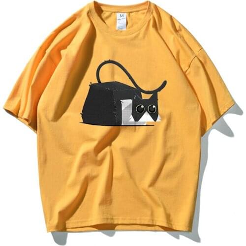 Spring New Mens Short-sleeved T-shirt Japanese Style Trend Drop-shoulder Sleeves Cat Print Loose Oversize Compassionate Shirt