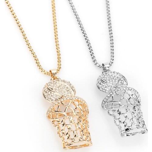 New Iced Out Basketball Hoop Rhinestone Necklace for Men Fashion Gold Pendant Long Chain Necklace Sports Hip Hop Jewelry