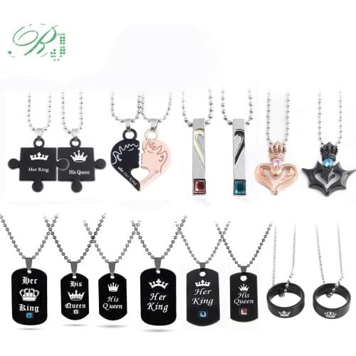 RJ Hot Lover Her King His Queen Crown Letter Necklaces Couple Pendants For Women Men Valentines Day Gift Jewelry Dropshipping