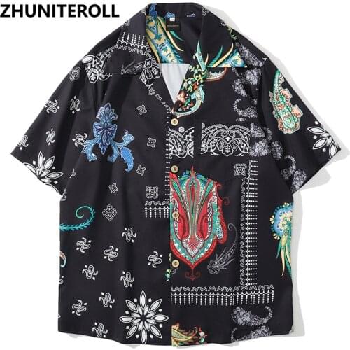Hip Hop Shirt Men Harajuku Paisley Graphic Print Summer Beach Shirt Pocket Hawaiian Short Sleeve Fashion Streetwear Clothing