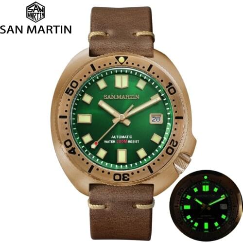San Martin CUSN8 Bronze Sport Diver Watches 200M Water Resistant NH35A Automatic Mechanical 6105 Watch Luminous Dial Sapphire