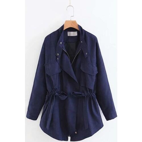 Spring Autumn Womens Thin Top Mid-length Lace-up Drawstring Loose Windbreaker Trench