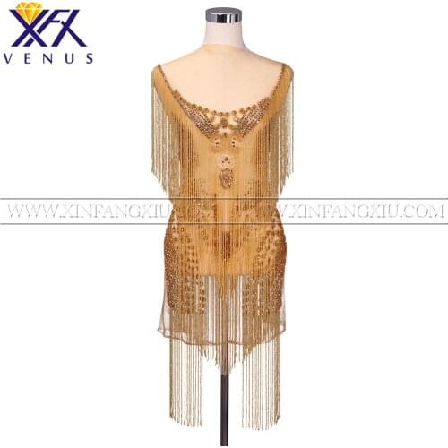 XFX 1 Piece Gold Beaded tassel Handmade Applique Bodice Fringe Patch Beaded Applique Beads Fabric Patch Handcraft Apparel