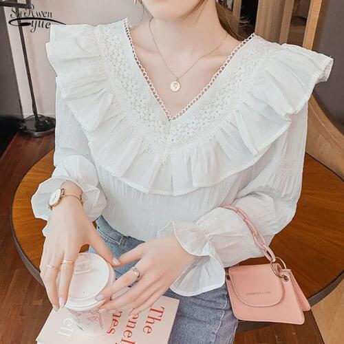 Autumn White Elegant Chiffon Shirt Woman Ruffled V-neck Chic Top Woman Long Sleeve Pure Solid Hollow Loose Women Blouse 16242