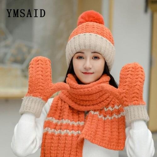 Woman Winter Hat Scarf /Gloves Sets Fashion Sweet Girl Warm Thicken Skullies Beanies Hat For Women Knitted Ski Cap 2020 New