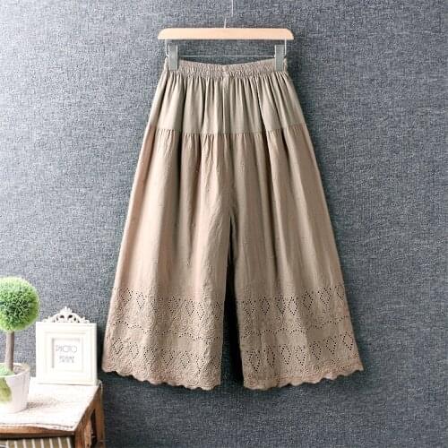 2021 New Spring Summer Women Pants Japan Style Mori Girl Literary Fresh Cotton linen Embroidery Solid Color Wide Leg Pants