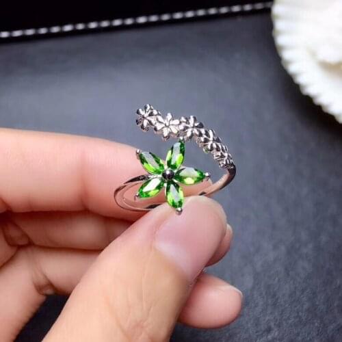 Fashion Open design Wheat spike Flower Natural green diopside Ring S925 Silver Natural Gemstone Ring Women party gift Jewelry
