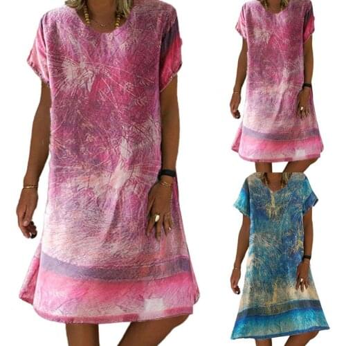 2021 Summer Women Loose Dress New Flower Print Colorblock Short Sleeves V-neck Woman Dress Boho Dress Vestidos Party Dresses