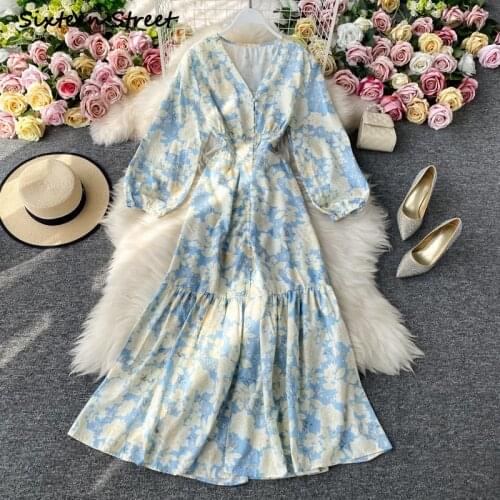 Maxi Dresses for Women Retro Chic Floral V Neck Vintage Dress Female Sexy Y2k Vestido De Mujer Women Clothing High Quality 2021