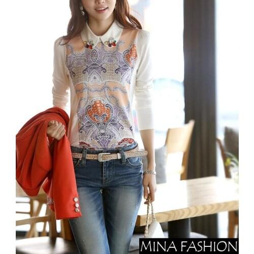 2016 ELEGANT DOLL COLLAR PRINTING STITCHING LONG-SLEEVED T-SHIRT STRASS NECKLINE KK-4288890Freeshipping