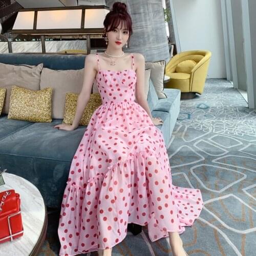 2020 Summer Vacation Sweet Pink Dress Woman Big Swing Backless Polka Dot Dress Ladies Spaghetti Strap Sun Dresses for Women