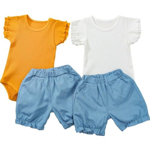 2021 Kids Suit Set, Summer Solid Color Round Neck Short Sleeve Romper+ Short Pants for Girls Boys, White/Yellow, 0-24 Months