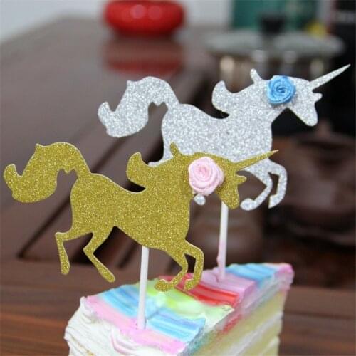 5Pcs Glitter Paper Unicorn Happy Birthday Carving Cake Flag Cake Flag Baking Decorative Insert Party Supplies Baby Shower Deco