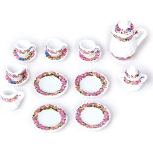 5 pack 15pcs Doll House Miniature Porcelain Tea Set Dish+Cup+Plate - Colorful Floral Print